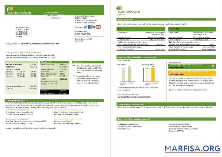 Downloadable USA ScottishPower utility bill template in Word and PDF format (3 pages) 1 2